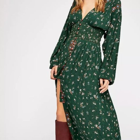 Free People Wildflowers Embroidered Forest Green Maxi Dress Size S/M - Picture 1 of 3